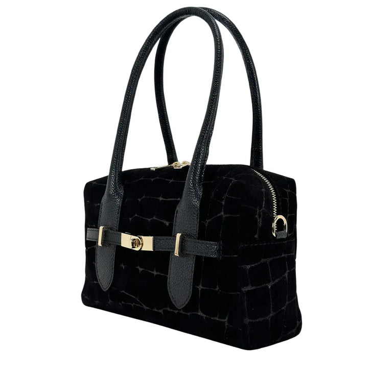 Bassini Borsa Donna a Bauletto in Pelle Scamosciata Nera Stampa Cocco con Manici e Tracolla Rimovibile