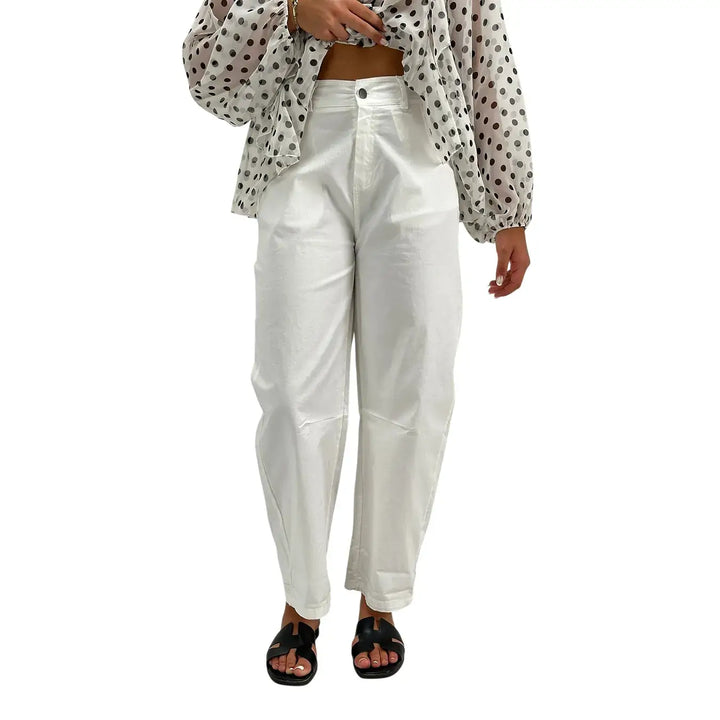 Motel Pantaloni Donna Bianchi Barrel Fit in Cotone con Risvolto sul Fondo