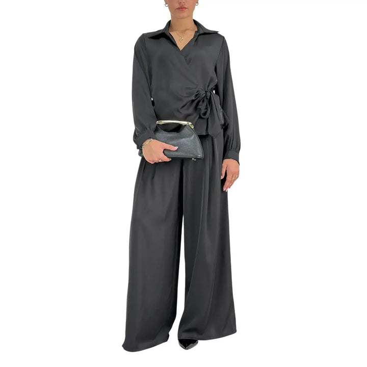 Bassini Camicia Donna Nera Incrociata con Fiocco Laterale ed Elastico Posteriore