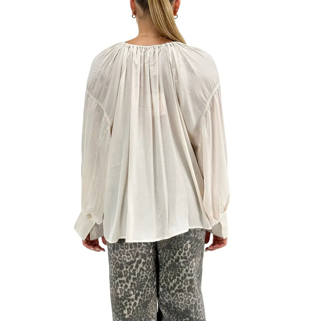 Bassini Blusa Donna Beige con Girocollo Arricciato Coulisse e Pendente