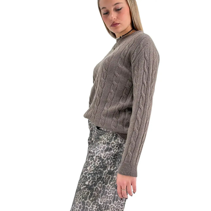 Bassini Maglia Donna Marrone Naturale a Treccia Girocollo con Maniche Raglan Oversize
