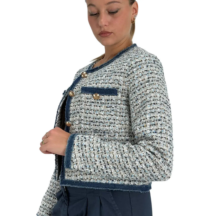 Bassini Giacca Donna Blu Modello Rebecca in Tweed con Bottoni Color Oro