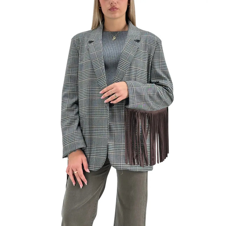 Bassini Giacca Donna Grigia Principe di Galles Oversize con Frange Marroni