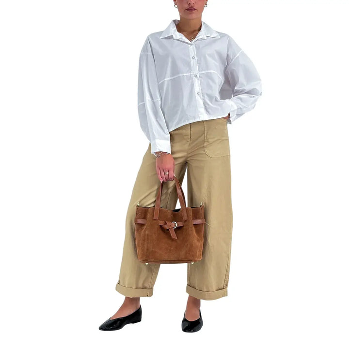 Bassini Pantaloni Donna Palazzo Kaki Oversize in Tessuto Elasticizzato con Tasche a Toppa
