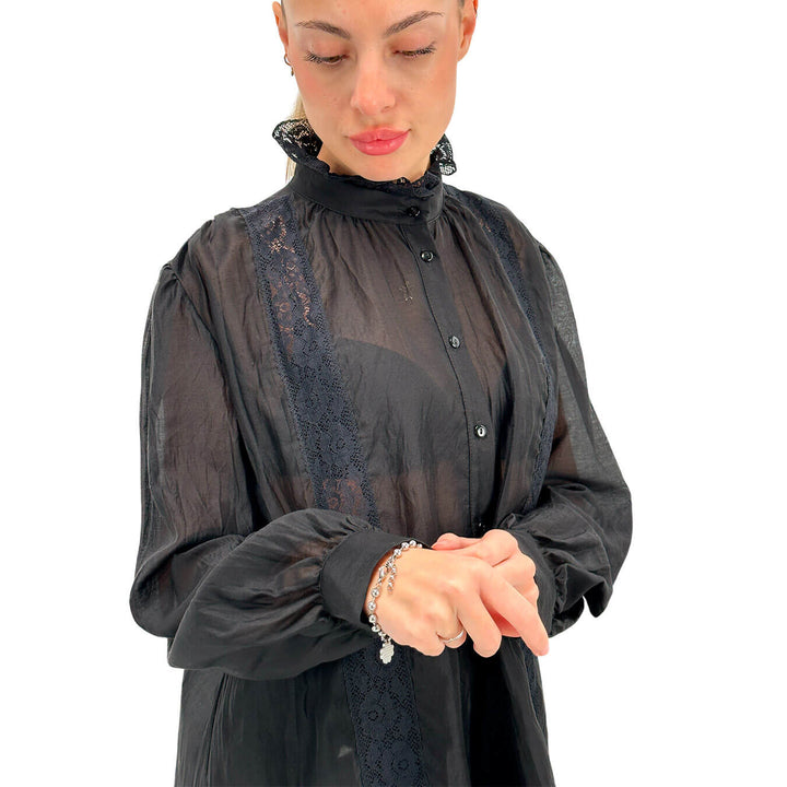 Tension In Women's Shirt, Transparent, Lace Inserts, Black