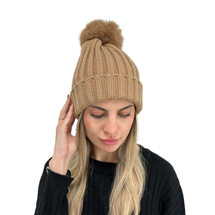 Bassini Cappello Donna, Cuffia, Pompon, Tricot, Beige