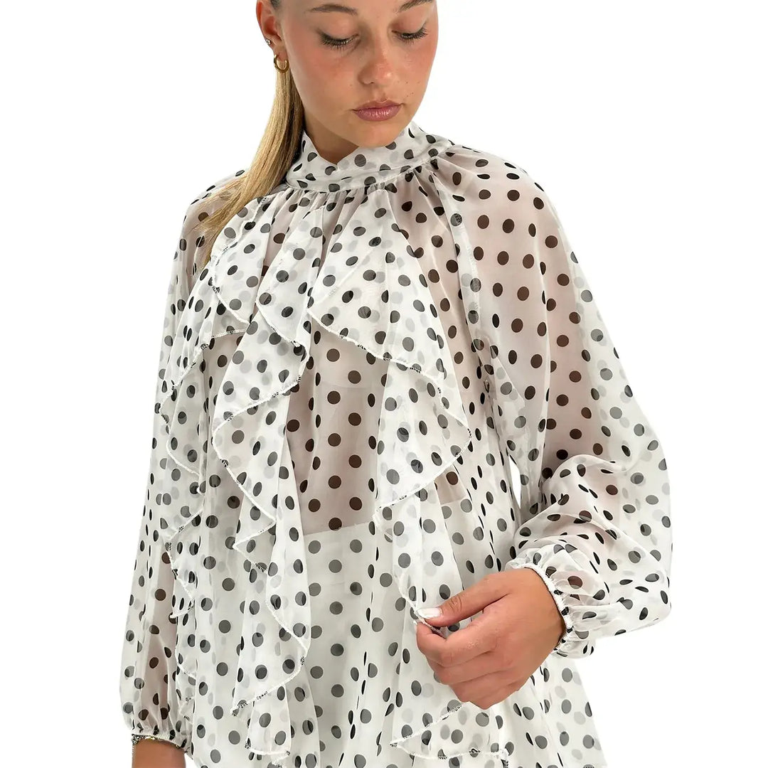 Bassini Blusa Donna Bianca con Pois Neri, Maniche a Sbuffo e Fiocco sul Retro