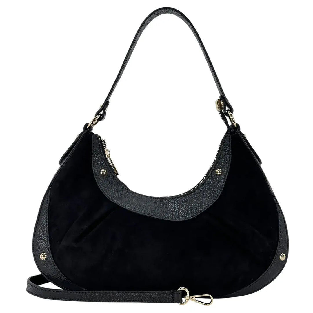 Bassini Borsa Donna a Mezza Luna in Pelle Scamosciata Nera con Rifiniture in Pelle Dollaro e Borchie Oro