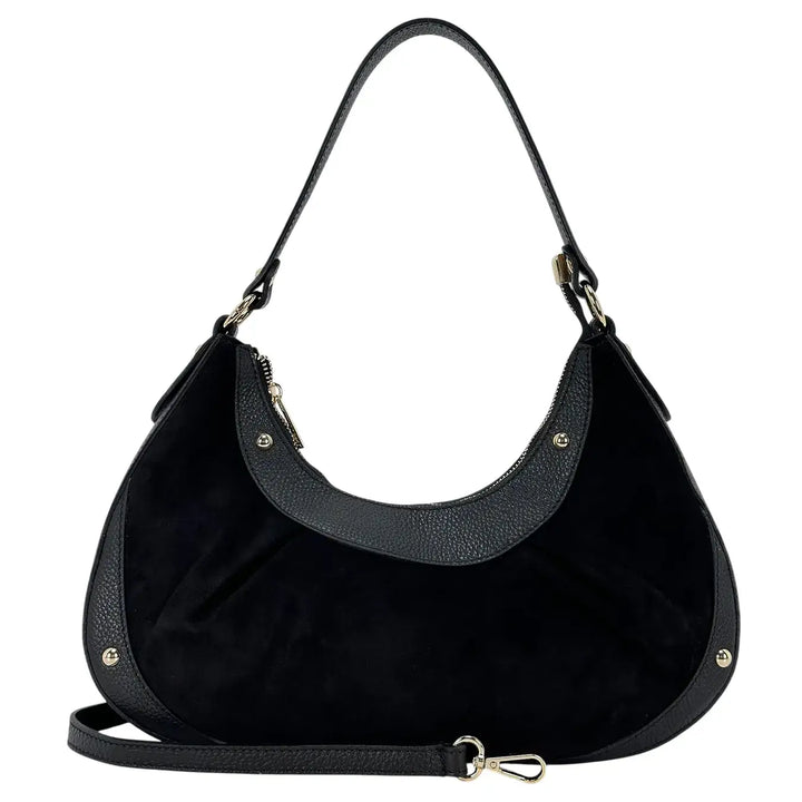 Bassini Borsa Donna a Mezza Luna in Pelle Scamosciata Nera con Rifiniture in Pelle Dollaro e Borchie Oro