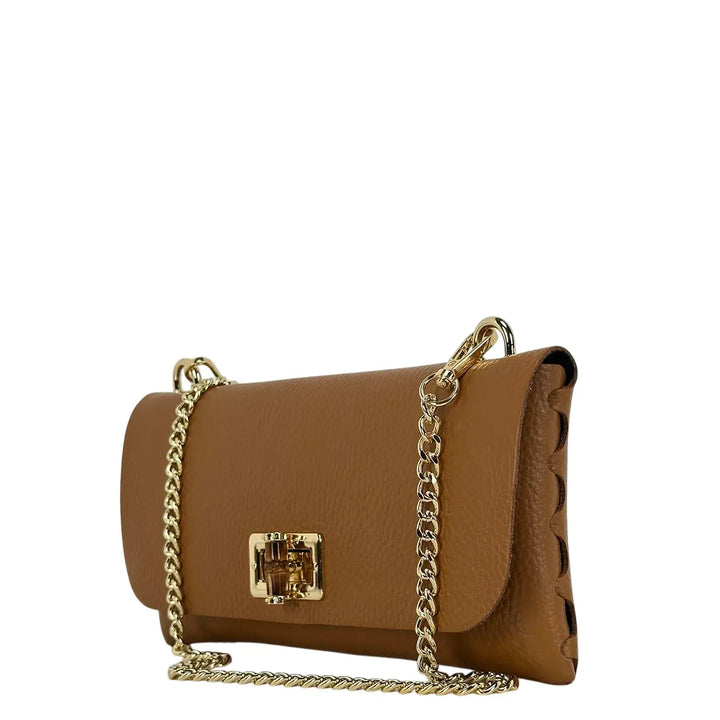 Bassini Borsa Donna Piccola in Pelle Cuoio con Tracolla Oro e Chiusura Girello Bambù