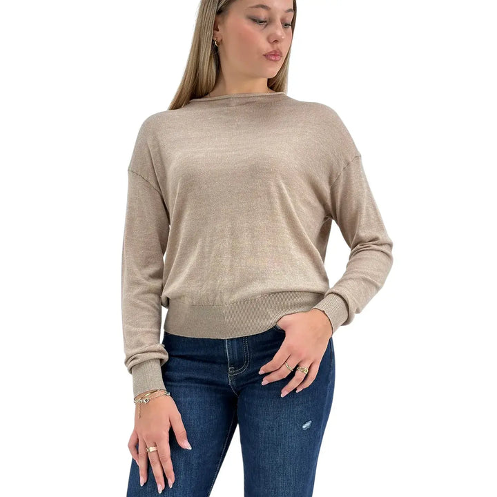 Bassini Maglia Donna Cammello Crop Over con Girocollo Orlato e Maniche Lunghe