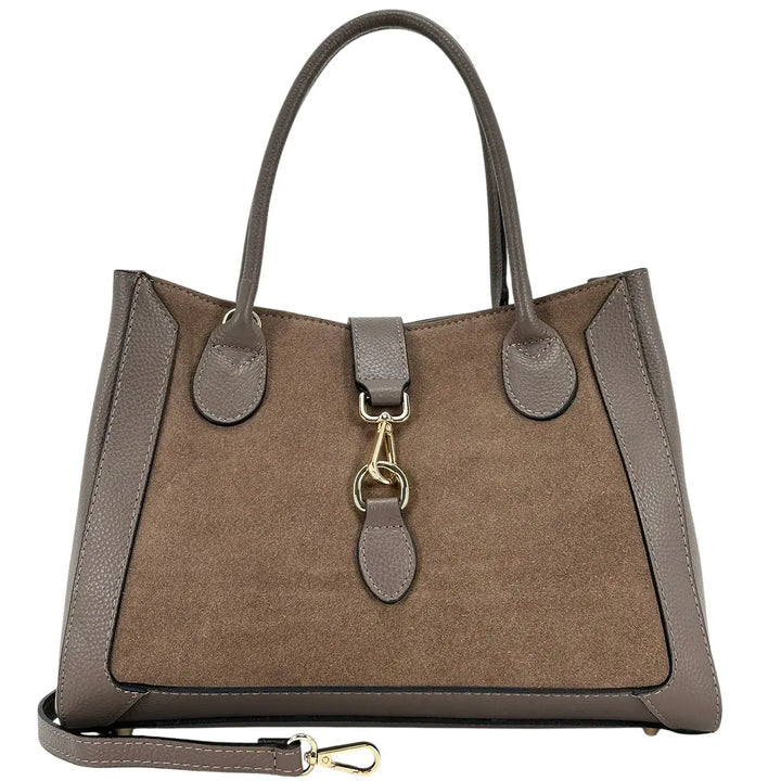 Bassini Borsa Donna in Pelle Scamosciata e Dollaro Taupe con Doppi Manici e Tracolla Rimovibile