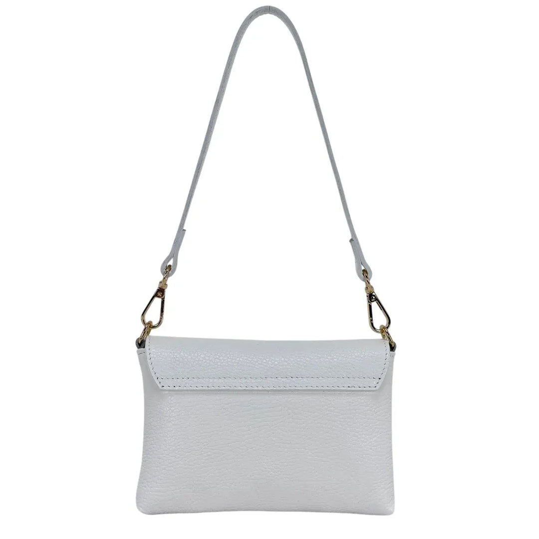 Bassini Borsa Donna Mini in Pelle Bianca con Pattina Girello Bambù e Tracolle Rimovibili