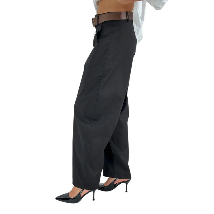 Bassini Pantaloni Donna Neri Oversize Modello a Banana con Tasche a Toppa e Cintura in Ecopelle