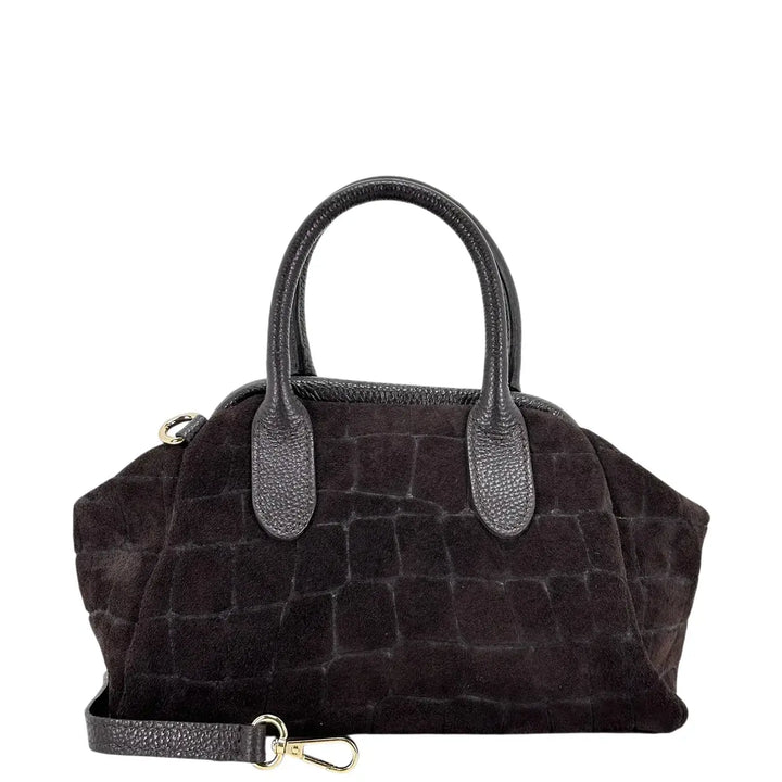 Bassini Borsa Donna Bauletto in Pelle Scamosciata Stampa Cocco Cioccolato con Tracolla Rimovibile