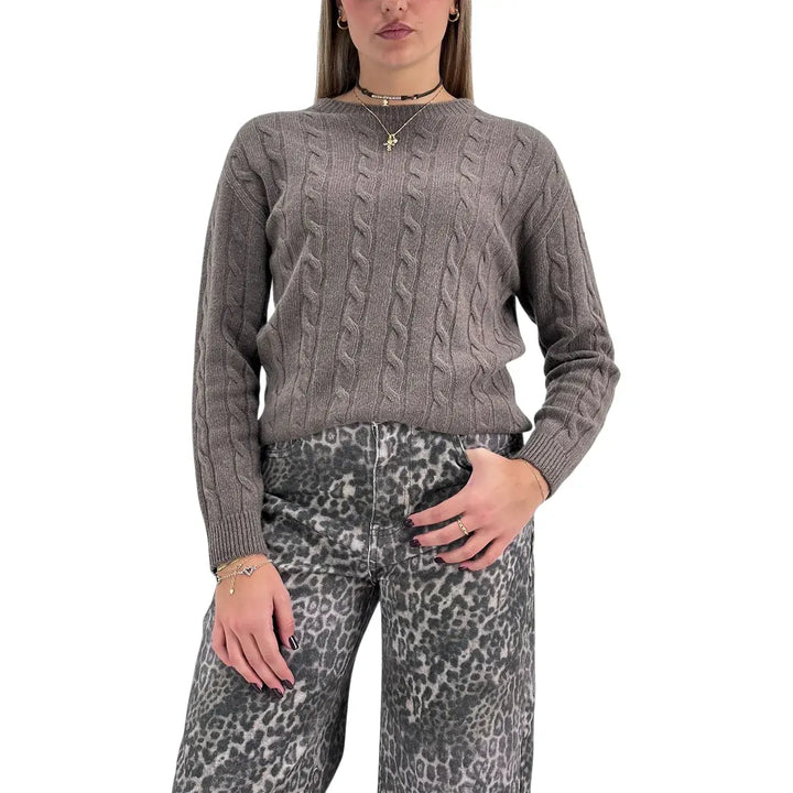 Bassini Maglia Donna Marrone Naturale a Treccia Girocollo con Maniche Raglan Oversize