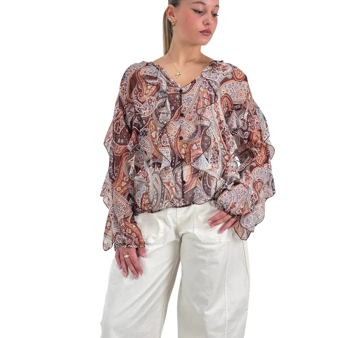 Bassini Blusa Donna Marrone con Stampa Cashmere, Scollo a V e Rouches sulle Maniche