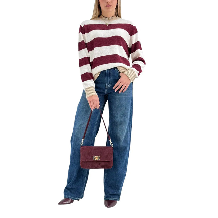 Bassini Maglia Donna Borgogna a Righe Cipria Girocollo con Coste Cammello e Vestibilità Regolare