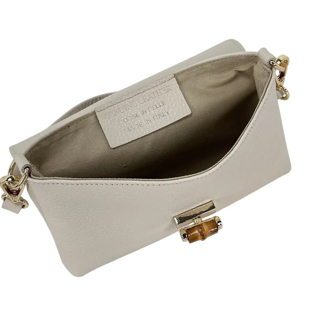 Bassini Borsa Donna Piccola in Pelle Avorio con Chiusura Girello Bambù e Doppia Tracolla