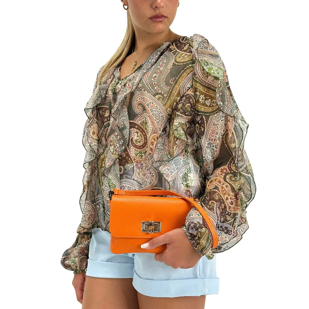 Bassini Blusa Donna Verde con Fantasia Damascata, Ruches e Bottoncini Frontali
