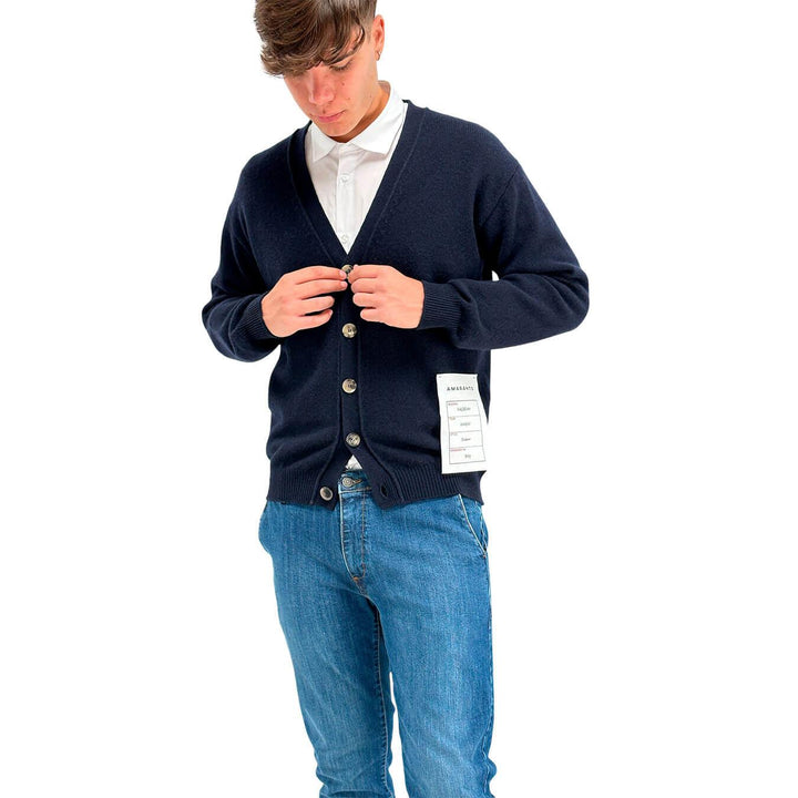 Amaránto Maglia Cardigan Uomo, Scollo a V, Basic, Lana, Blu