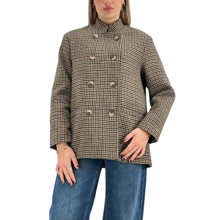 Bassini Caban Donna Beige e Marrone Pied de Poule con Collo alla Coreana