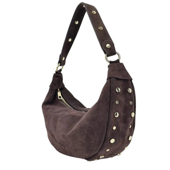 Bassini Borsa Donna Mezza Luna in Pelle Scamosciata con Borchie Oro e Tracolla Intercambiabile Cioccolato