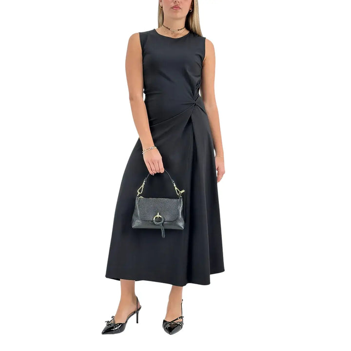 Bassini Abito Donna Nero Lungo Smanicato con Drappeggio Laterale e Scollo Giro