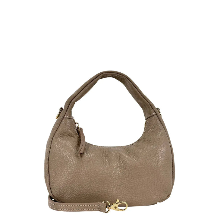 Bassini Borsa Donna Piccola in Pelle Taupe Mini Sacca a Mano con Tracolla Rimovibile