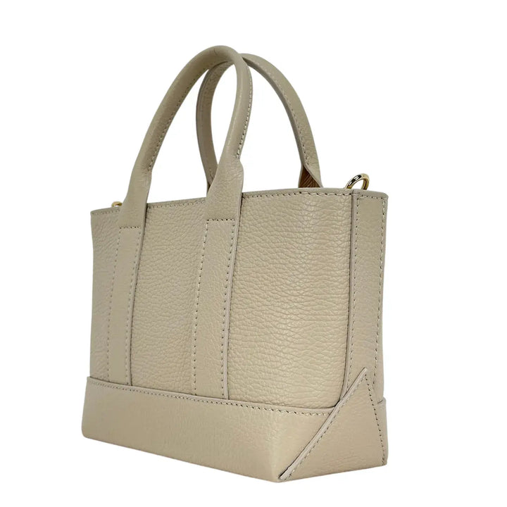 Bassini Borsa Donna Mini in Pelle Avorio con Due Manici e Tracolla Intercambiabile