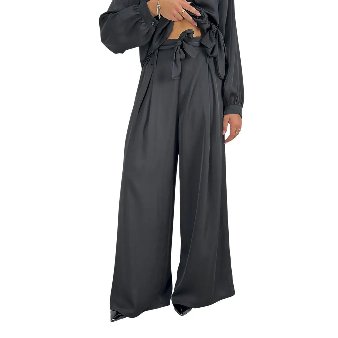 Bassini Pantaloni Donna Palazzo Nero Oversize con Elastico in Vita e Cintura a Fiocco