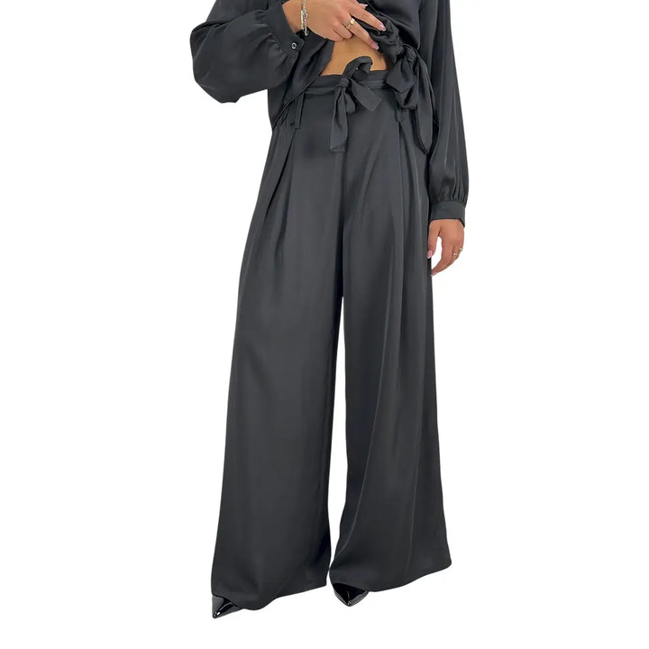 Bassini Pantaloni Donna Palazzo Nero Oversize con Elastico in Vita e Cintura a Fiocco