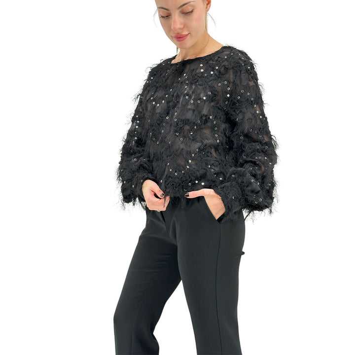 Motel Camicia Donna, Blusa, Girocollo, Frange e Paillettes, Nero