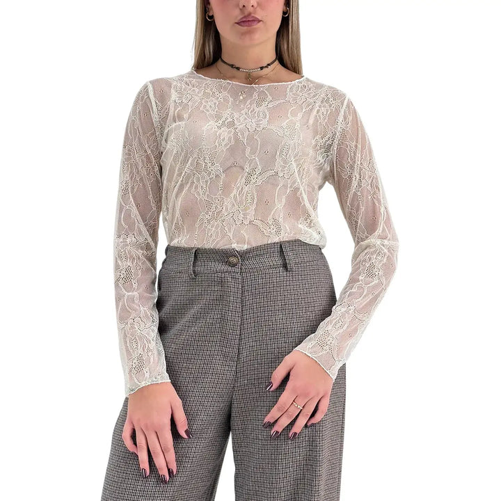 Bassini T-Shirt Donna Avorio in Pizzo con Girocollo e Maniche Lunghe
