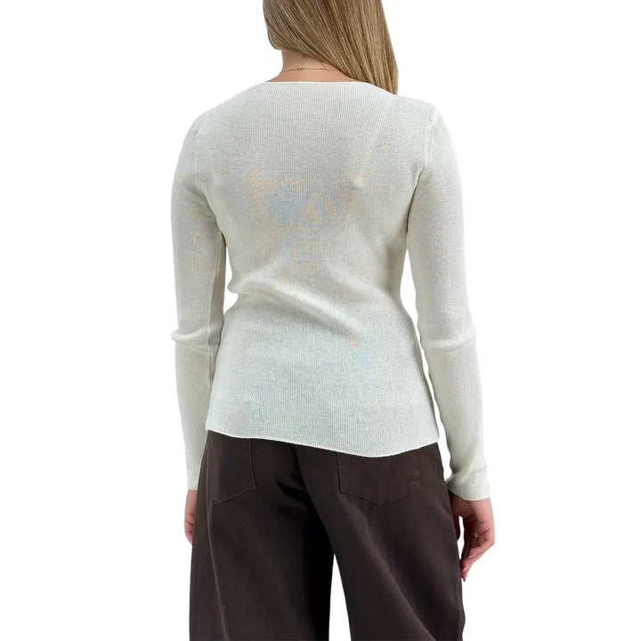 Bassini Maglia Donna Avorio a Micro Costine con Girocollo e Maniche Lunghe