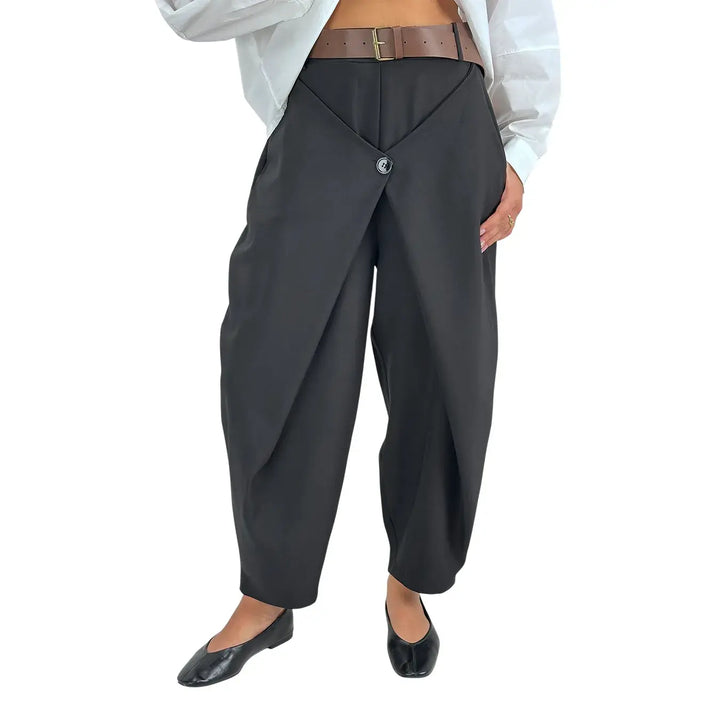Bassini Pantaloni Donna Neri a Portafoglio con Elastico in Vita e Cintura in Ecopelle