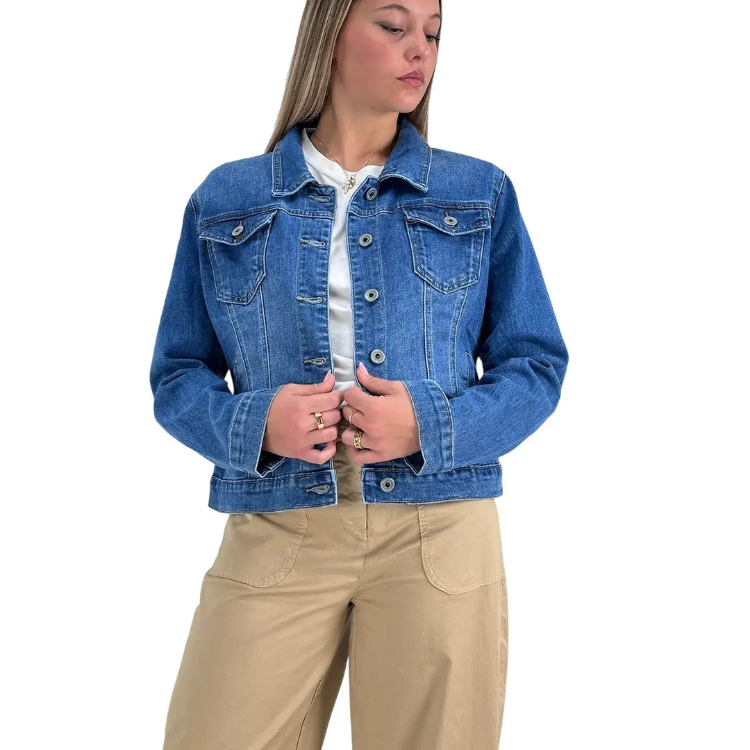 Bassini Giubbotto Donna Blu Medio Trucker in Denim di Cotone Elasticizzato