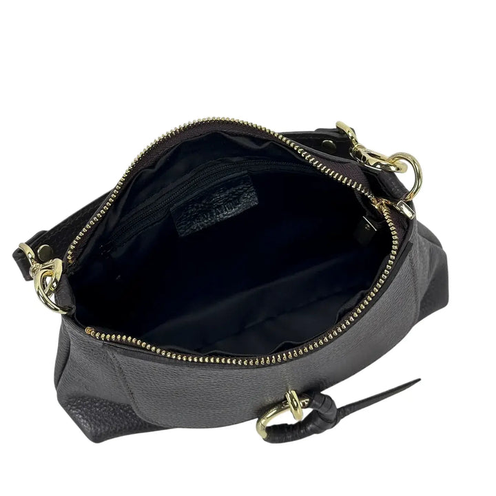 Bassini Borsa Donna Piccola in Pelle Cioccolato con Doppia Tracolla e Accessorio Metallico