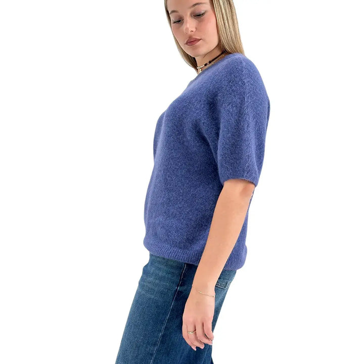 Bassini Maglia Donna Blu Cenere Girocollo Oversize con Maniche Corte Raglan e Orlo a Costine