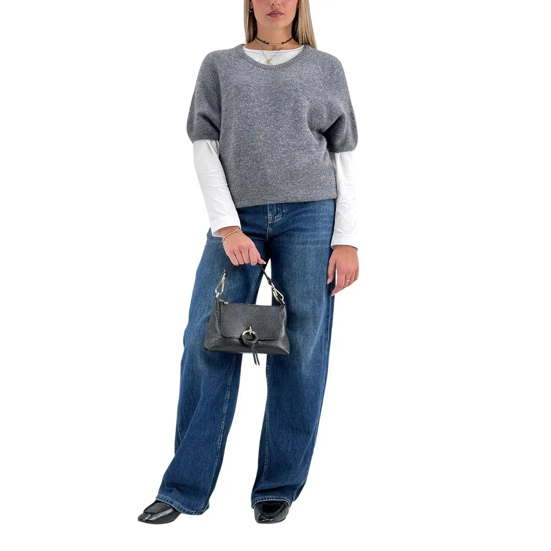 Bassini Maglia Donna Grigia Girocollo Oversize con Maniche Corte Raglan e Orlo a Costine