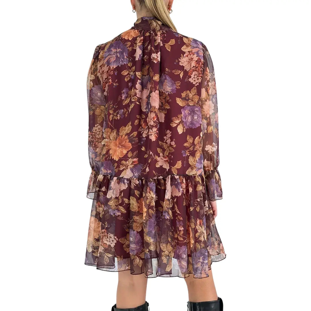 Bassini Abito Donna Corto Vino con Fantasia Floreale, Collo con Fiocco e Maniche Lunghe