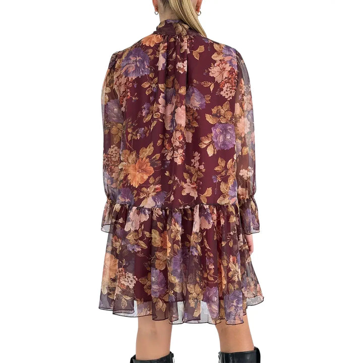 Bassini Abito Donna Corto Vino con Fantasia Floreale, Collo con Fiocco e Maniche Lunghe