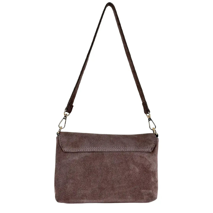 Bassini Borsa Donna in Pelle Scamosciata Taupe con Pattina e Girello in Bambù e Tracolla Rimovibile