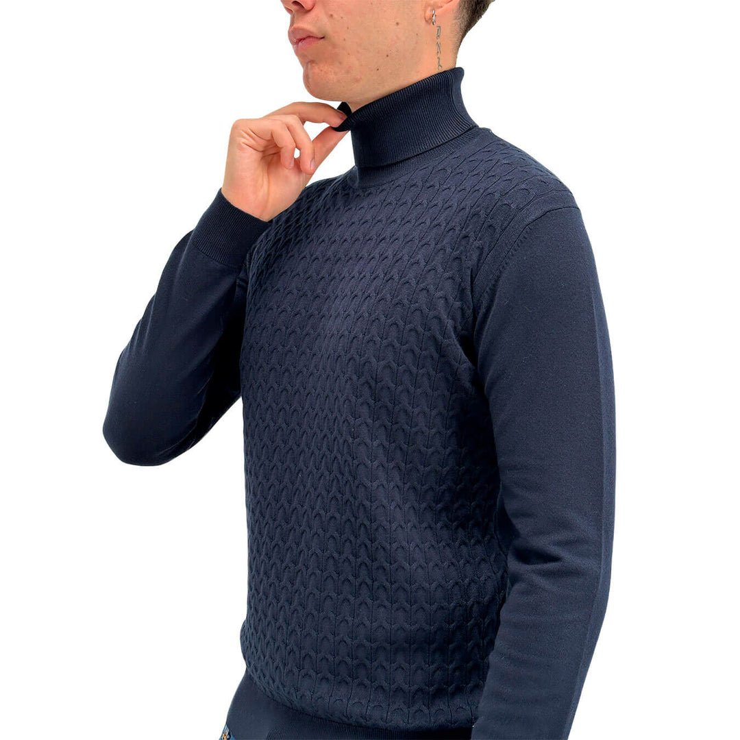 MarKup Men's Sweater, High Neck, Braid Pattern, Mixed Fabric, Blue