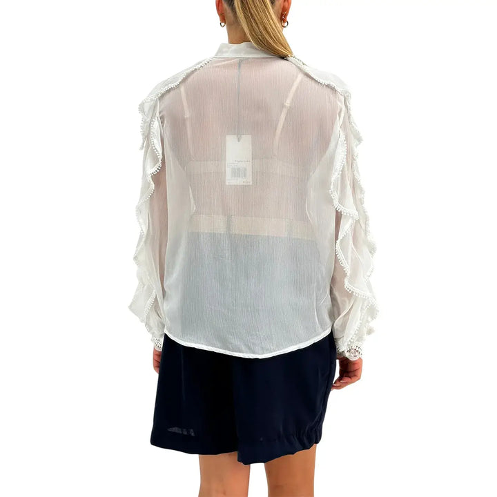 Bassini Camicia Donna Bianca con Rouches Maniche Lunghe Collo alla Coreana e Tessuto Plissettato