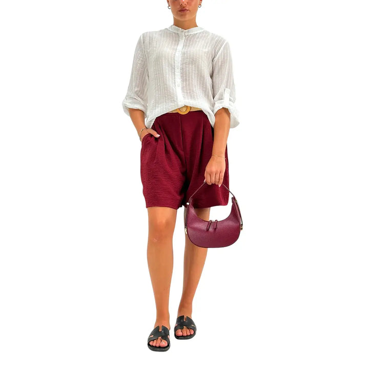 Bassini Camicia Donna Bianca Micro Gessata con Maniche 3/4 Collo alla Coreana e Linguetta Abbottonata