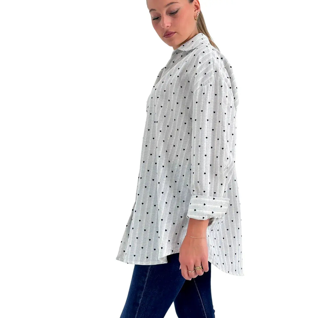 Bassini Camicia Donna Over Celeste a Righe con Micro Ricami a Cuore Blu in 100% Cotone