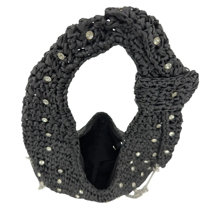Bassini Borsa Donna in Rafia Nera a Spalla con Tracolla Catena Argento e Applicazioni Strass