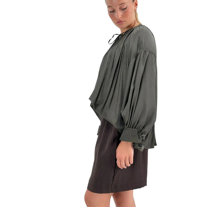 Bassini Blusa Donna Verde con Girocollo Arricciato Coulisse e Maniche Raglan