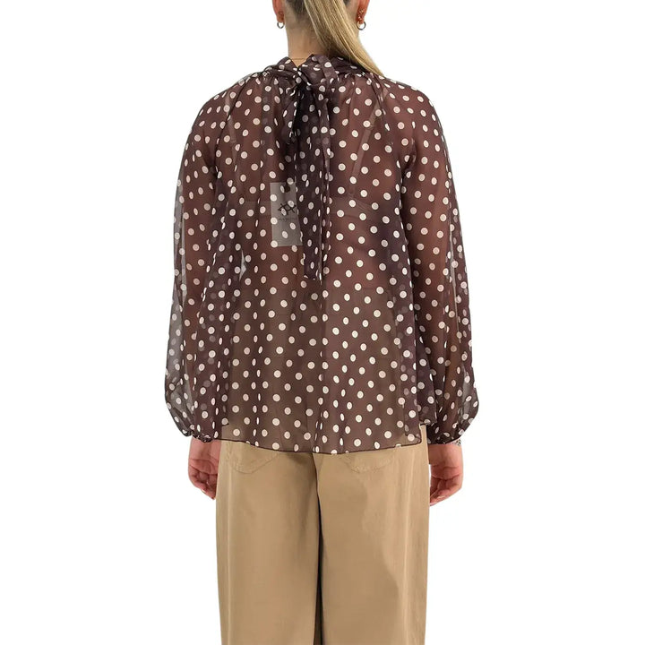Bassini Blusa Donna Cioccolata con Pois Beige Maniche Lunghe a Sbuffo e Fiocco sul Colletto